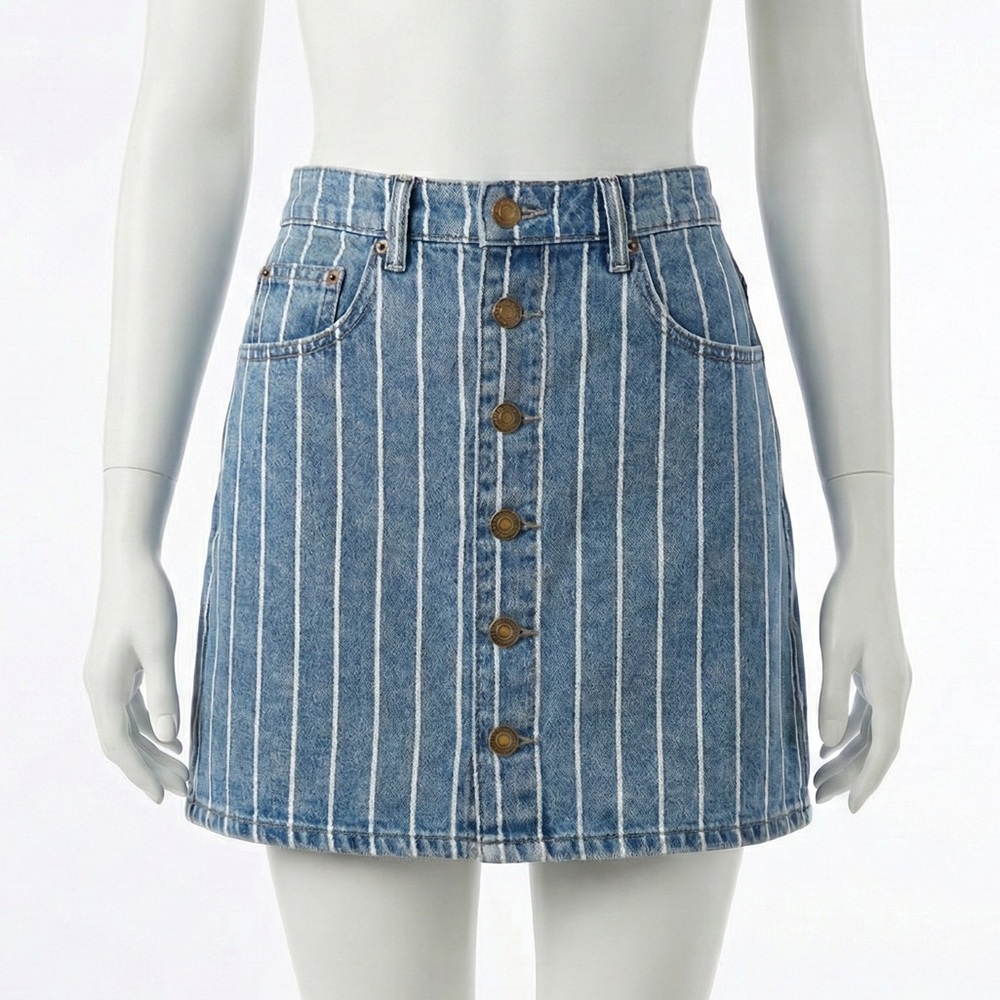 Billabong Striped Denim Mini Skirt Button Front Bronze Hardware Size 24 Coastal